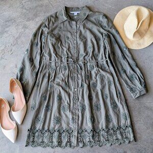 Diane Von Furstenberg Olive Green Floral Embroidered Long Sleeve Shirt Dress